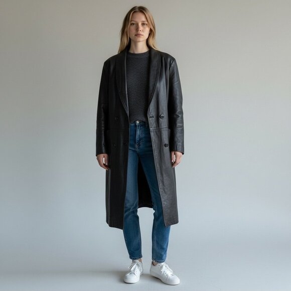 Vintage 90s Worthington Black Genuine Real Leather Longline Womens Jacket Drama - Picture 1 of 8